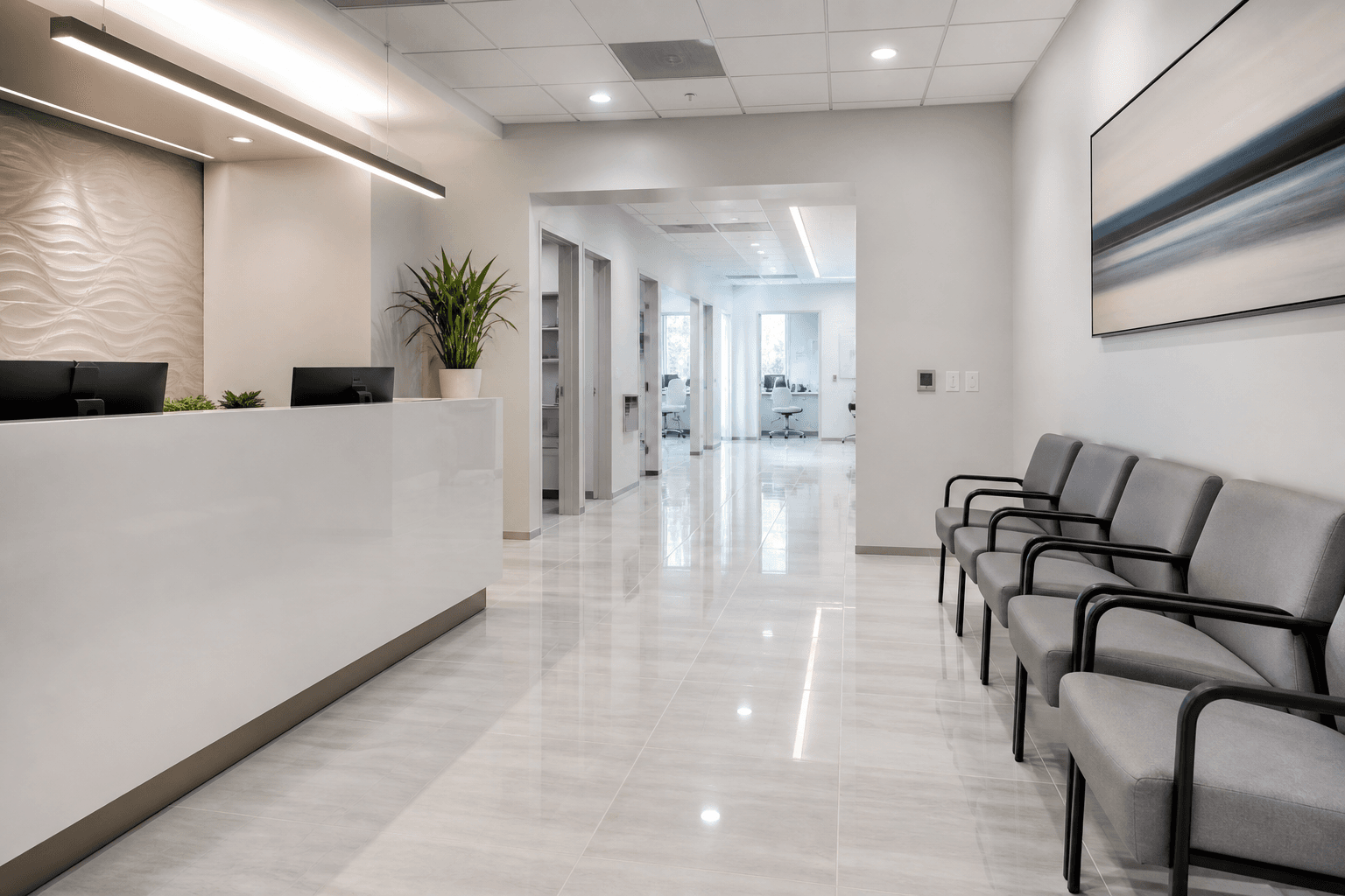 Medical office reception and waiting area after professional commercial clean