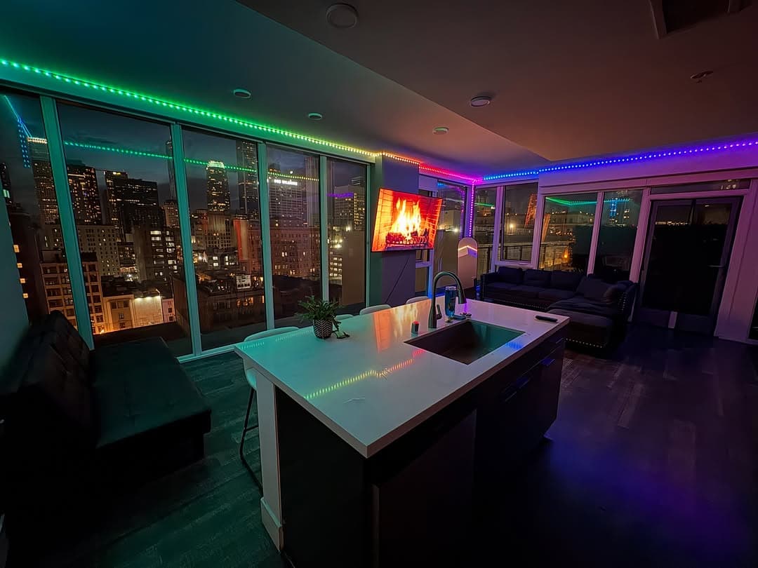 Guest-ready Airbnb living space and kitchen after turnover