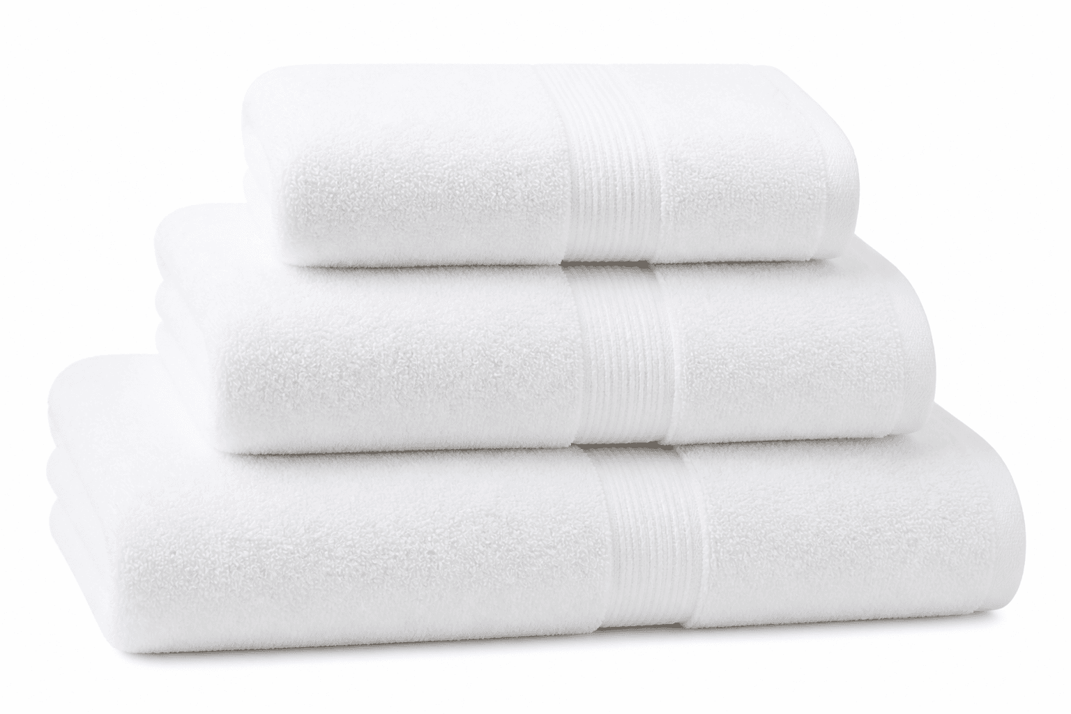 Folded white hotel towel sets in small, medium, and large sizes